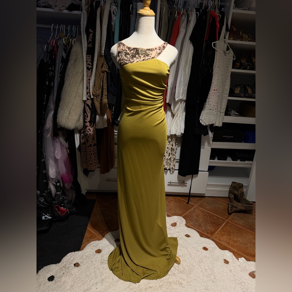 BCBGMaxAzria One-Shoulder Olive Dress with Patterned Accent